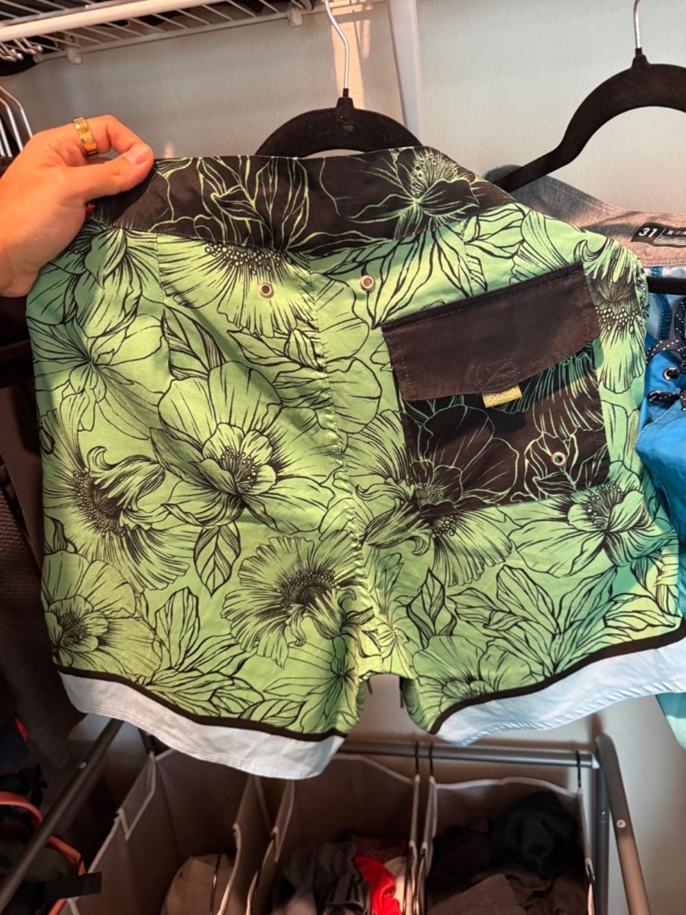 Agua Bendita Men’s Floral Swim Trunks Green Black Drawstring Size 32 Made in Co